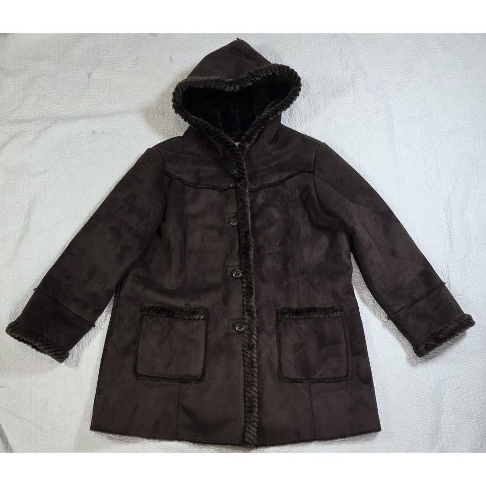 St John's Bay Womens Dark Chocolate Brown Faux Shearling Hooded Coat Rope Trim